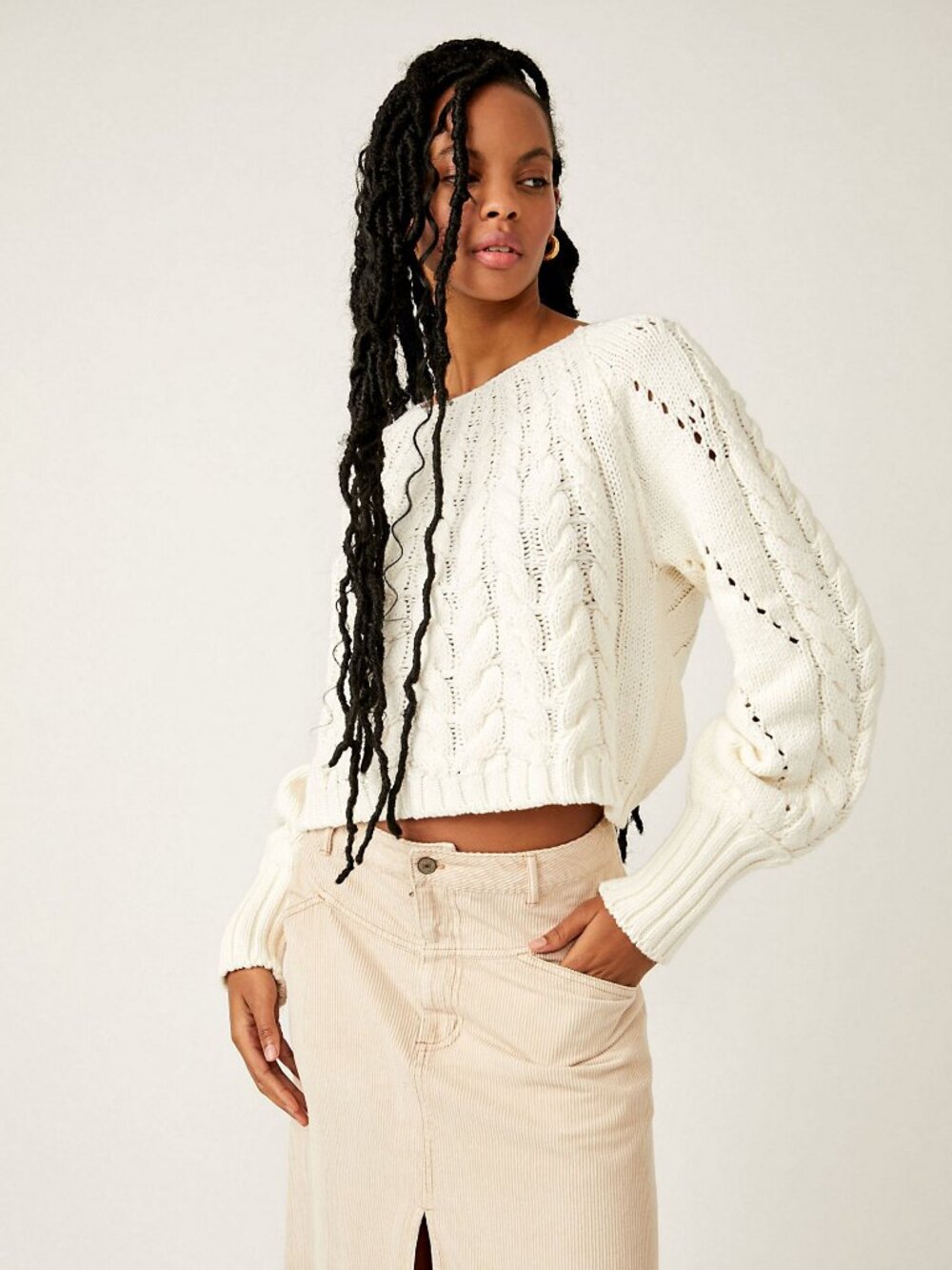 FREE PEOPLE SANDRE Cable KNIT PULLOVER Sweater CROPPED Size XS